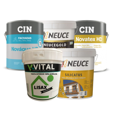 Cinco latas de tinta de várias marcas e tipos com rótulos coloridos