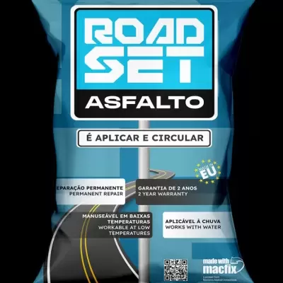 Embalagem azul do produto ROAD SET ASFALTO para reparação de asfalto