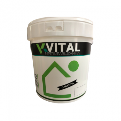 Baldes de impermeabilizante VITAL com rótulo preto e verde sobre fundo branco