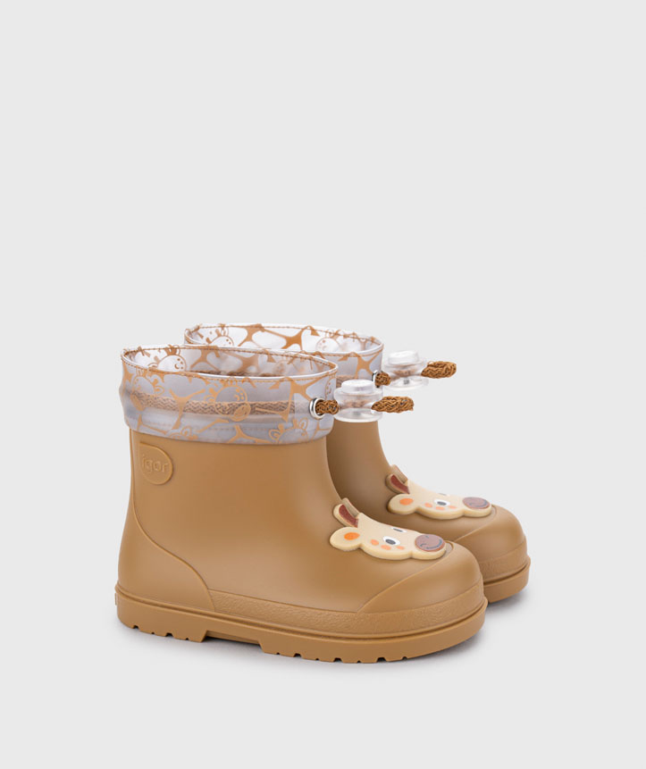 botas de chuva infantis castanho claro com padrão e rosto de veado