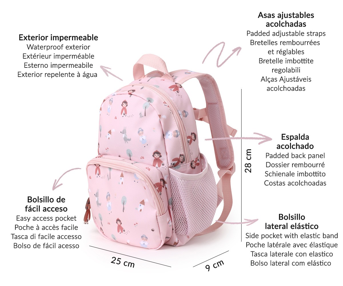 Mochila rosa infantil com padrão de bonecas e flores