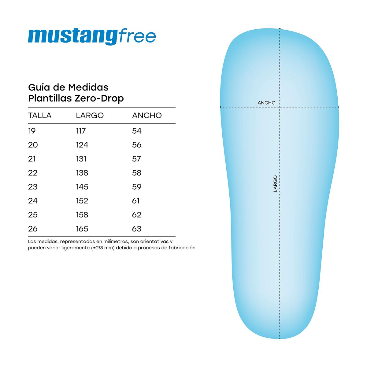 Guia de medidas de plantillas zero-drop Mustang Free com tabela de tamanhos e desenho de palmilha azul clara