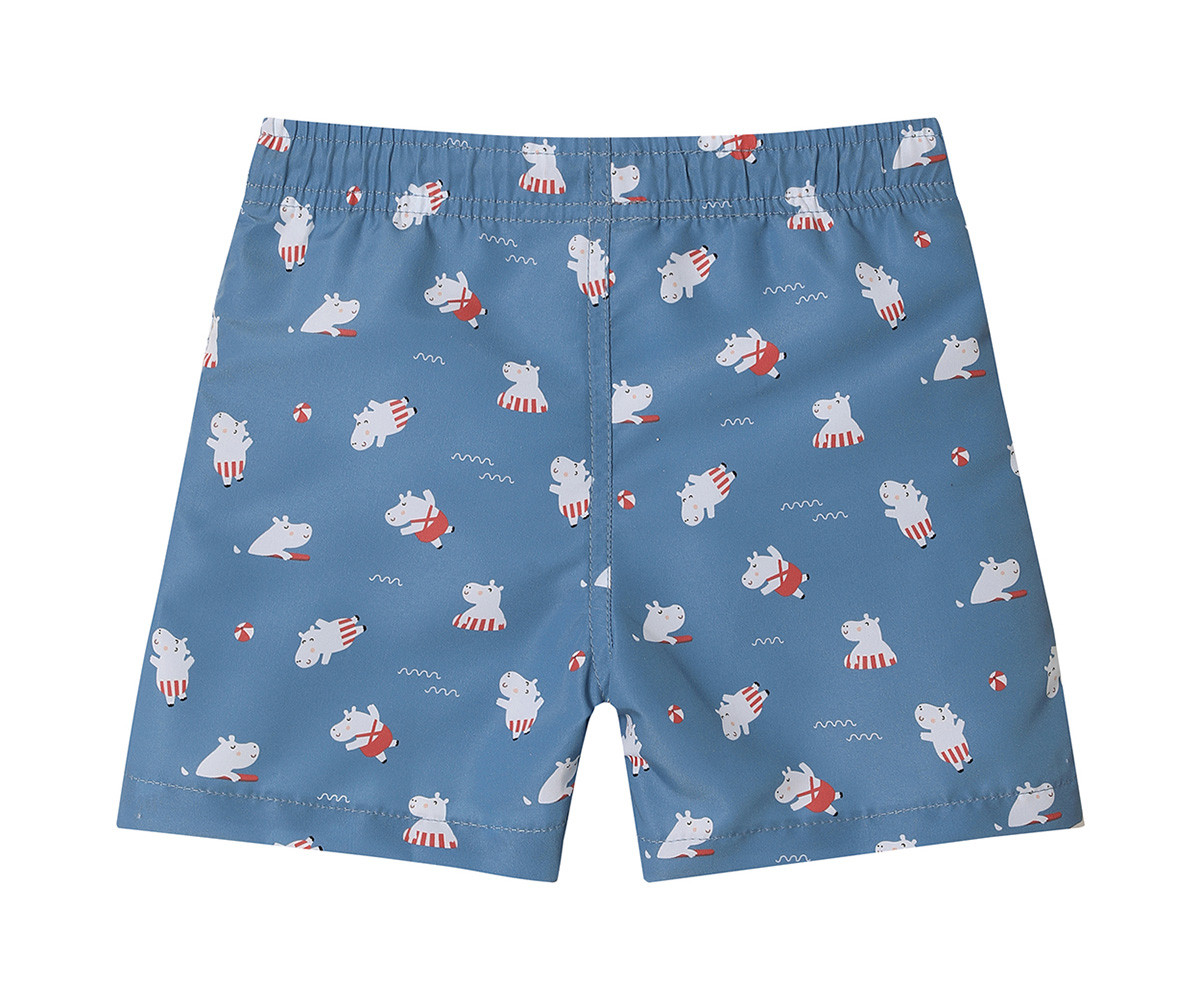 Calções de banho azuis para criança com padrão de hipopótamos brancos e bolas de praia