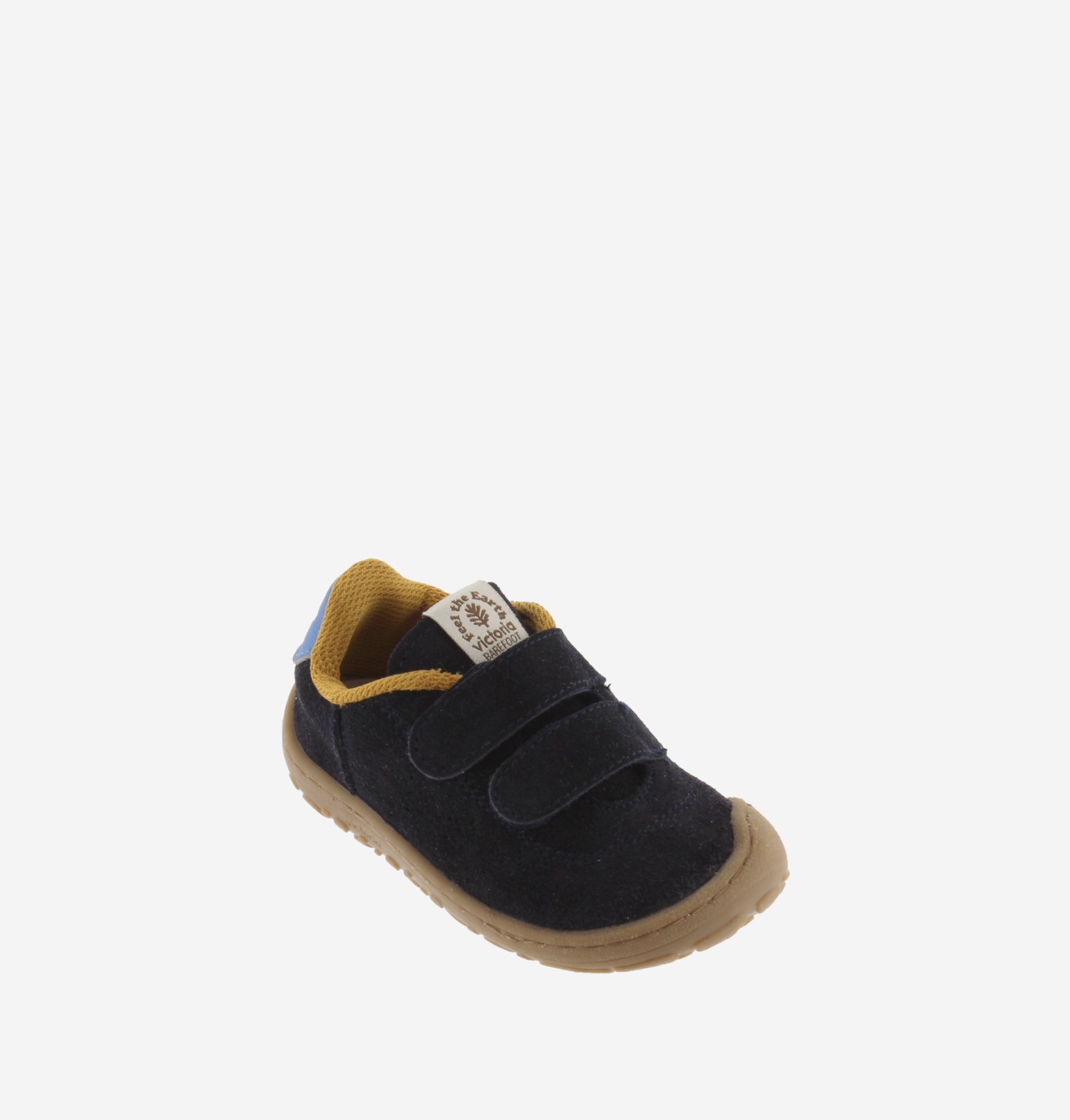 Sapato infantil azul com sola castanha e tiras de velcro