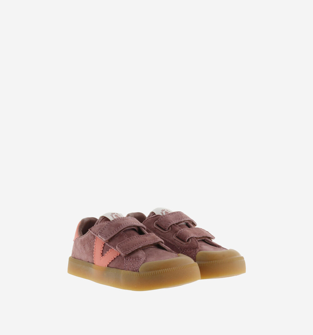 Sapatilhas infantis cor-de-rosa com tiras de velcro e sola castanha