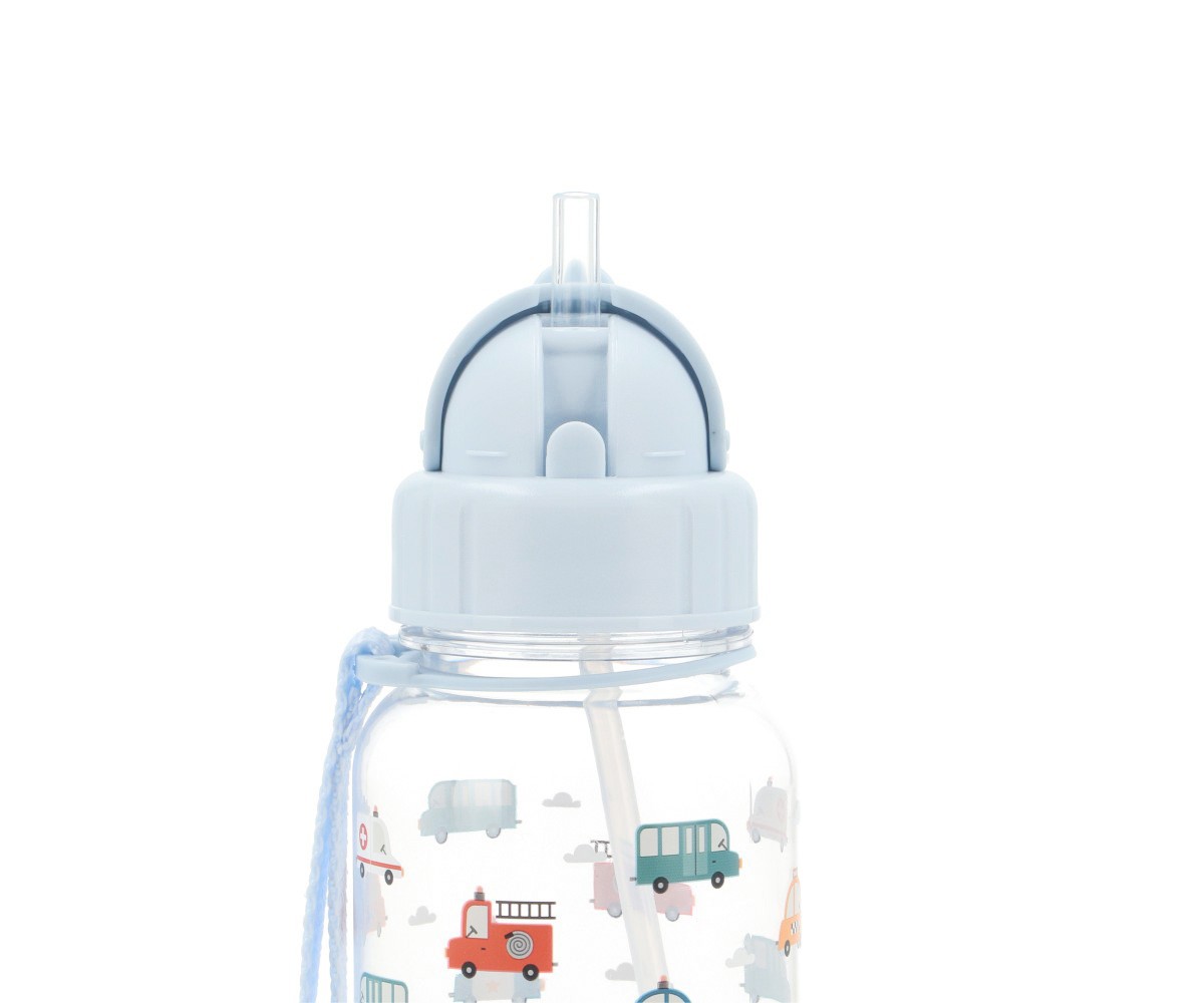 Garrafa transparente com tampa branca e desenhos de veículos coloridos