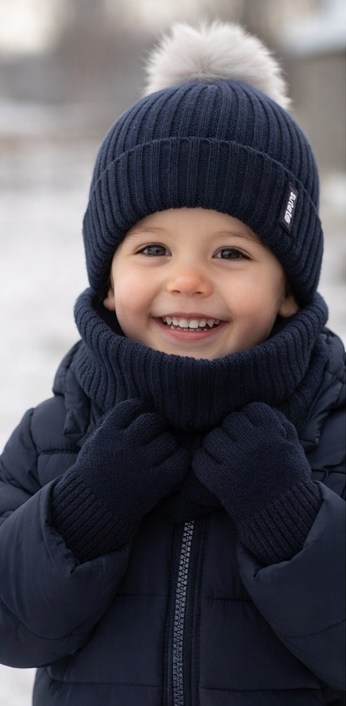 Criança com roupa de inverno azul-marinho sorridente no meio da neve