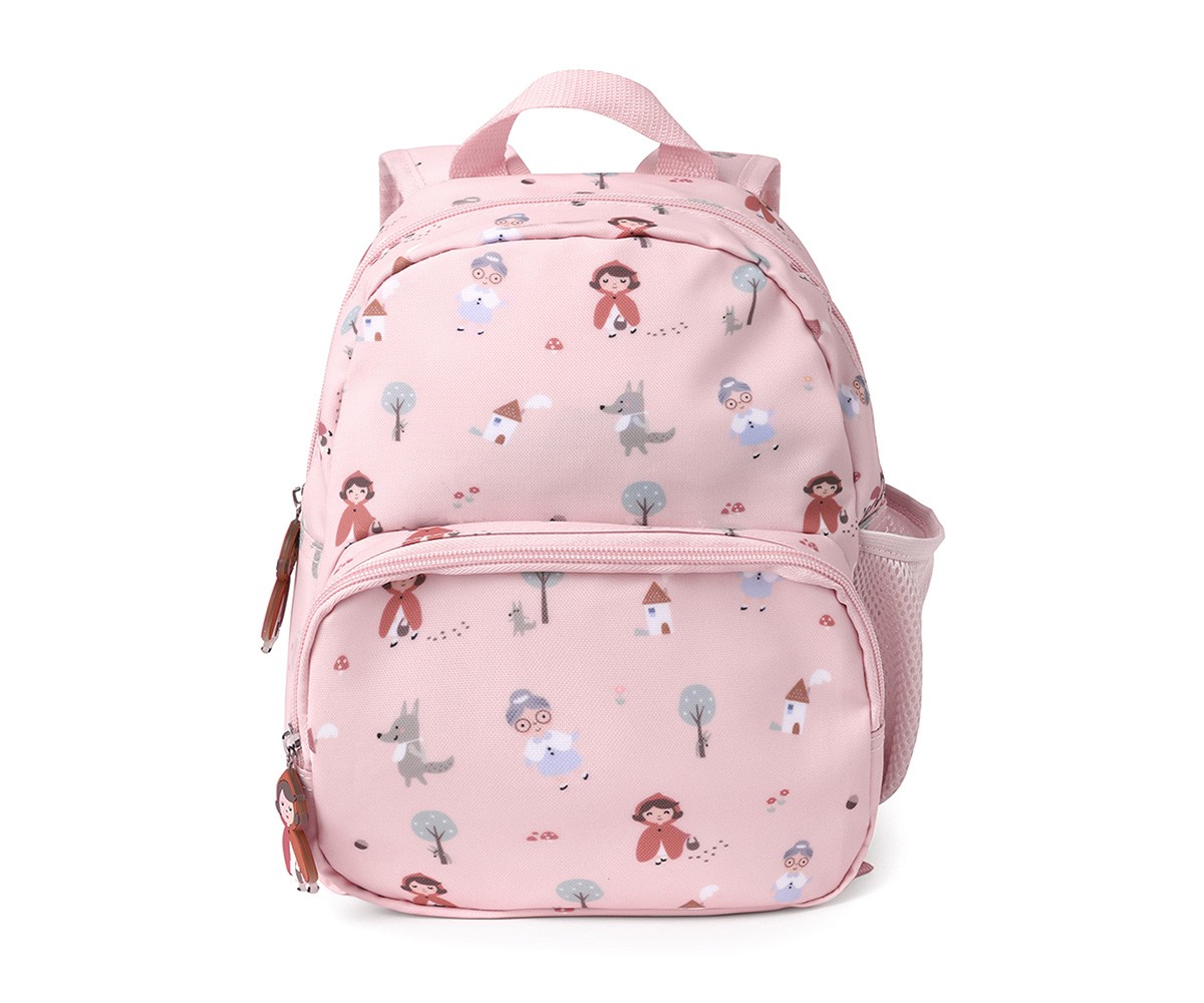 Mochila infantil rosa com padrão de personagens e bolsos