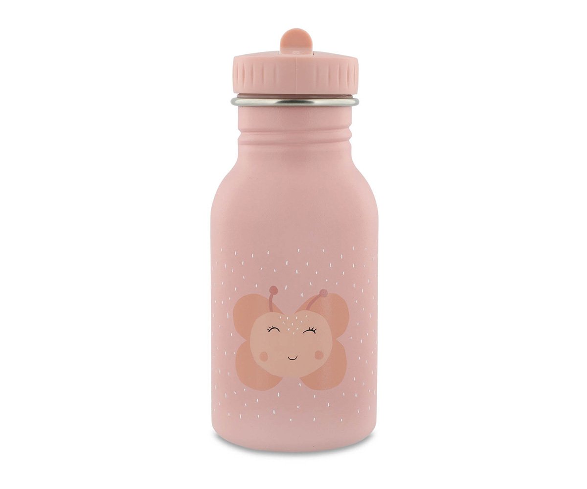 Garrafa rosa reutilizável com desenho de borboleta sorridente