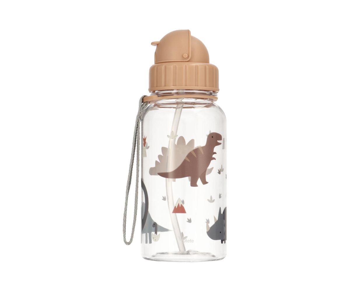 Garrafa infantil transparente com desenhos de dinossauros