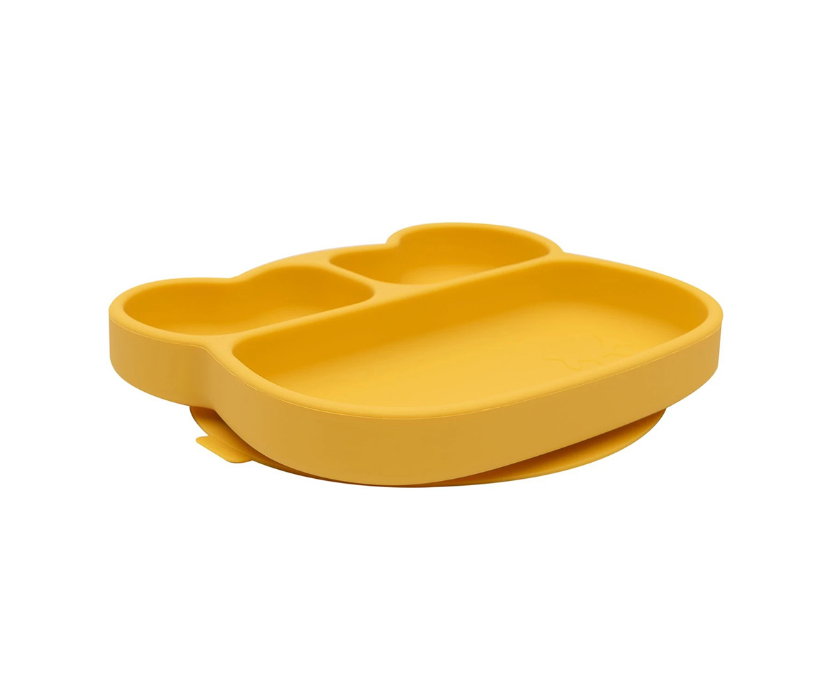 Prato de silicone amarelo com divisórias e base branca