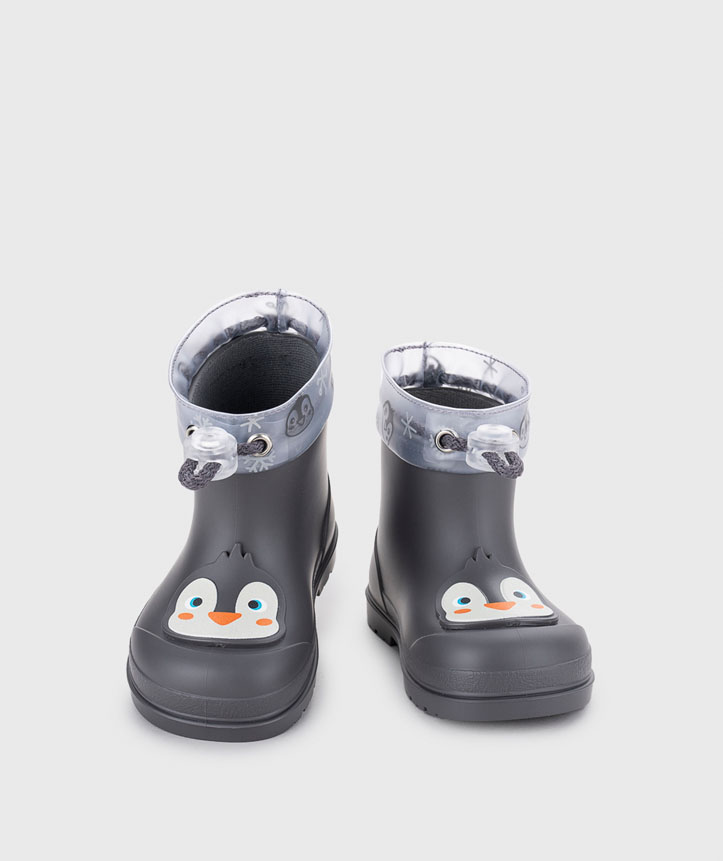 Botas de borracha infantis cinzentas com estampa de pinguim e cordão de ajuste