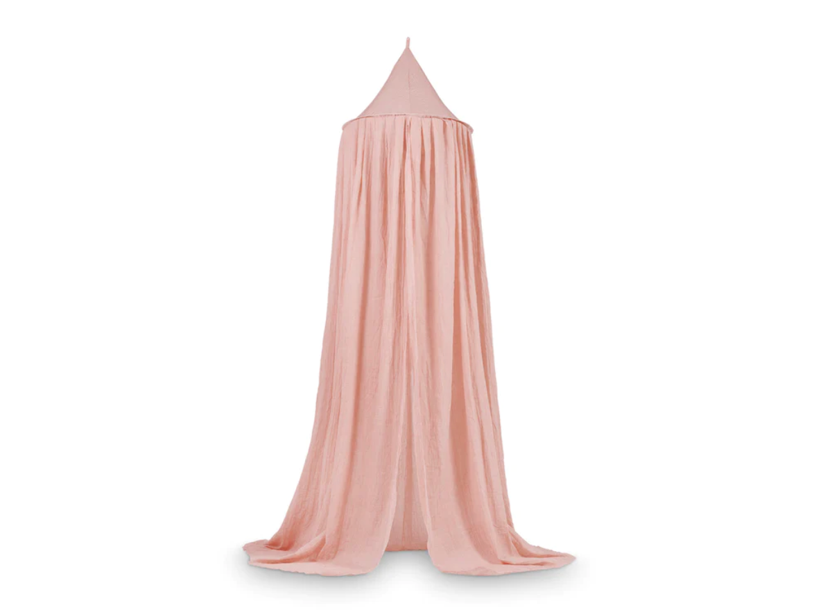 Tenda rosa claro de tecido com topo cónico e tecido caído até chão