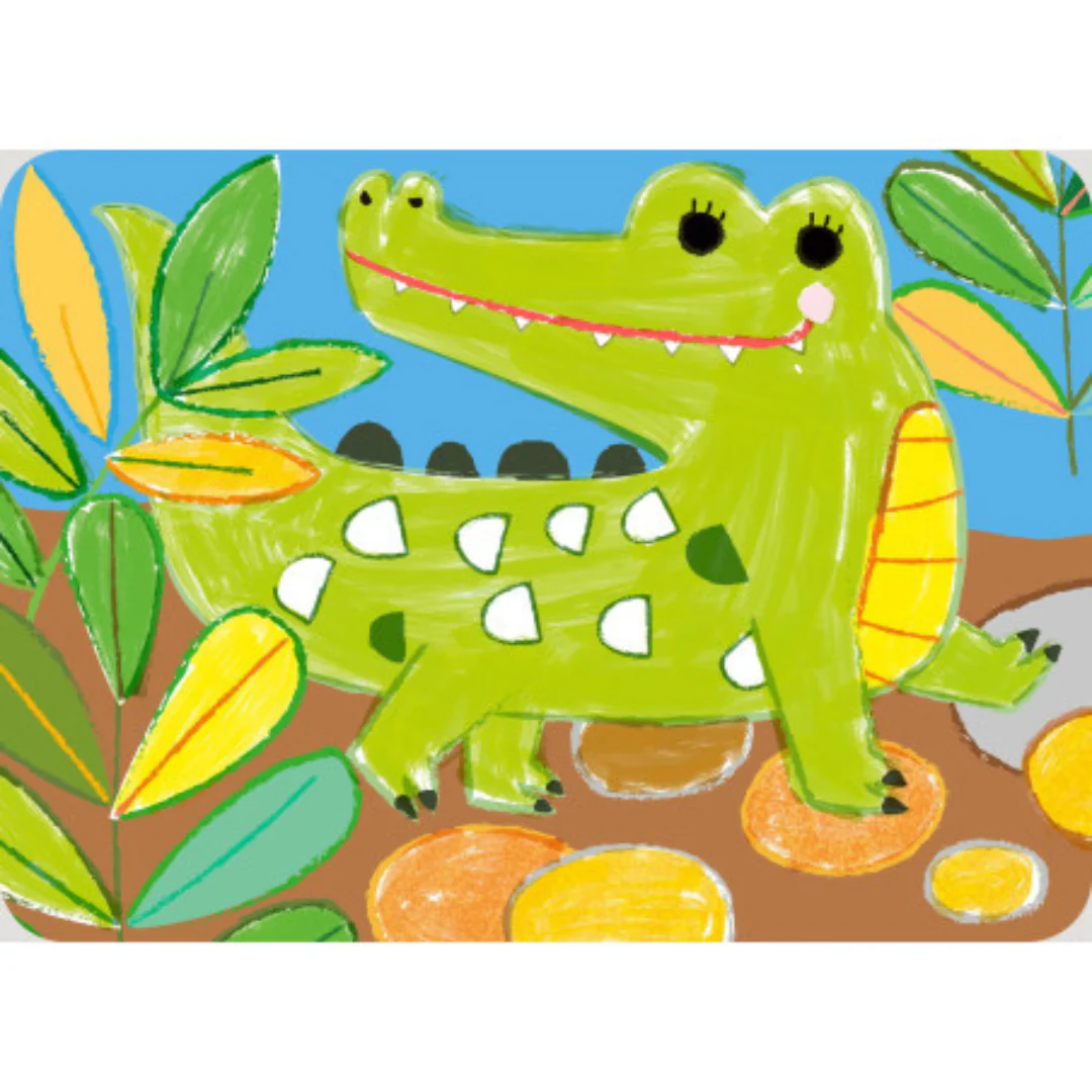 Ilustração colorida de um crocodilo verde com folhas ao redor