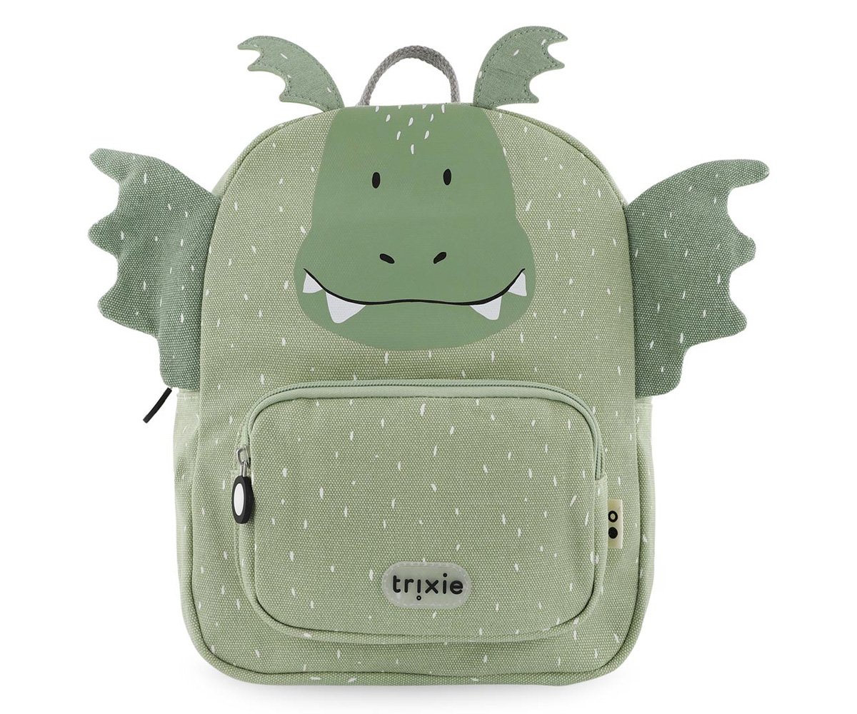 mochila infantil verde claro com desenho de dragão e etiqueta 'trixie'