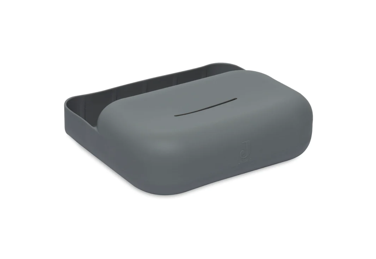 saboneteira cinza de plástico com tampa arredondada e fenda no centro