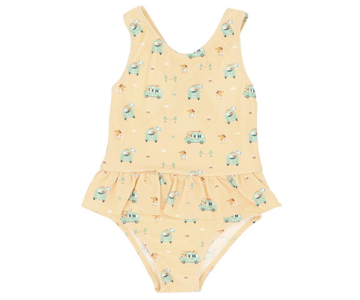 Fato de banho de criança rosa claro com padrão de elefantes, autocarros e flores