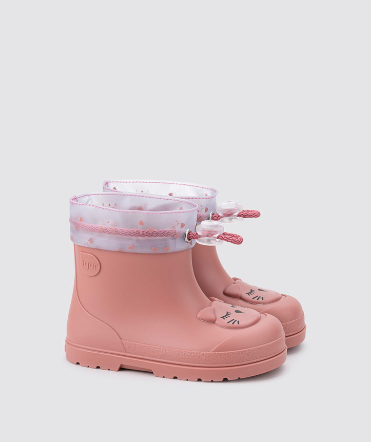 Botas de chuva cor-de-rosa para criança com estampado e detalhes de gato