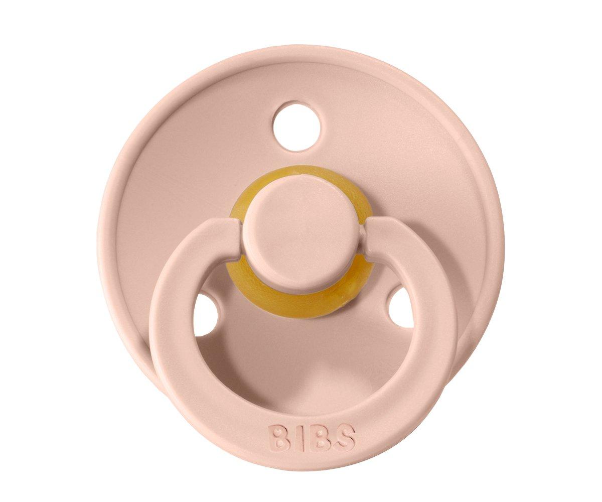 Chupeta de silicone cor de rosa com anel e inscrição BIBS