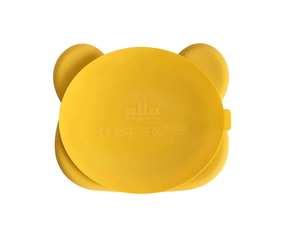 Prato infantil amarelo em forma de cabeça de urso de silicone