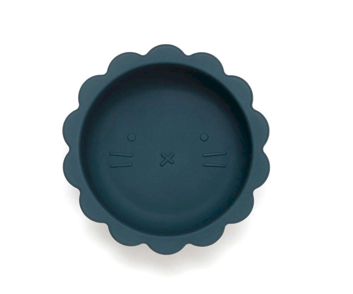 Prato infantil azul escuro em silicone com rosto de gato