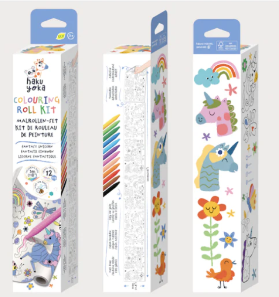 Kit de pintura rolável com ilustrações de unicórnios e arco-íris
