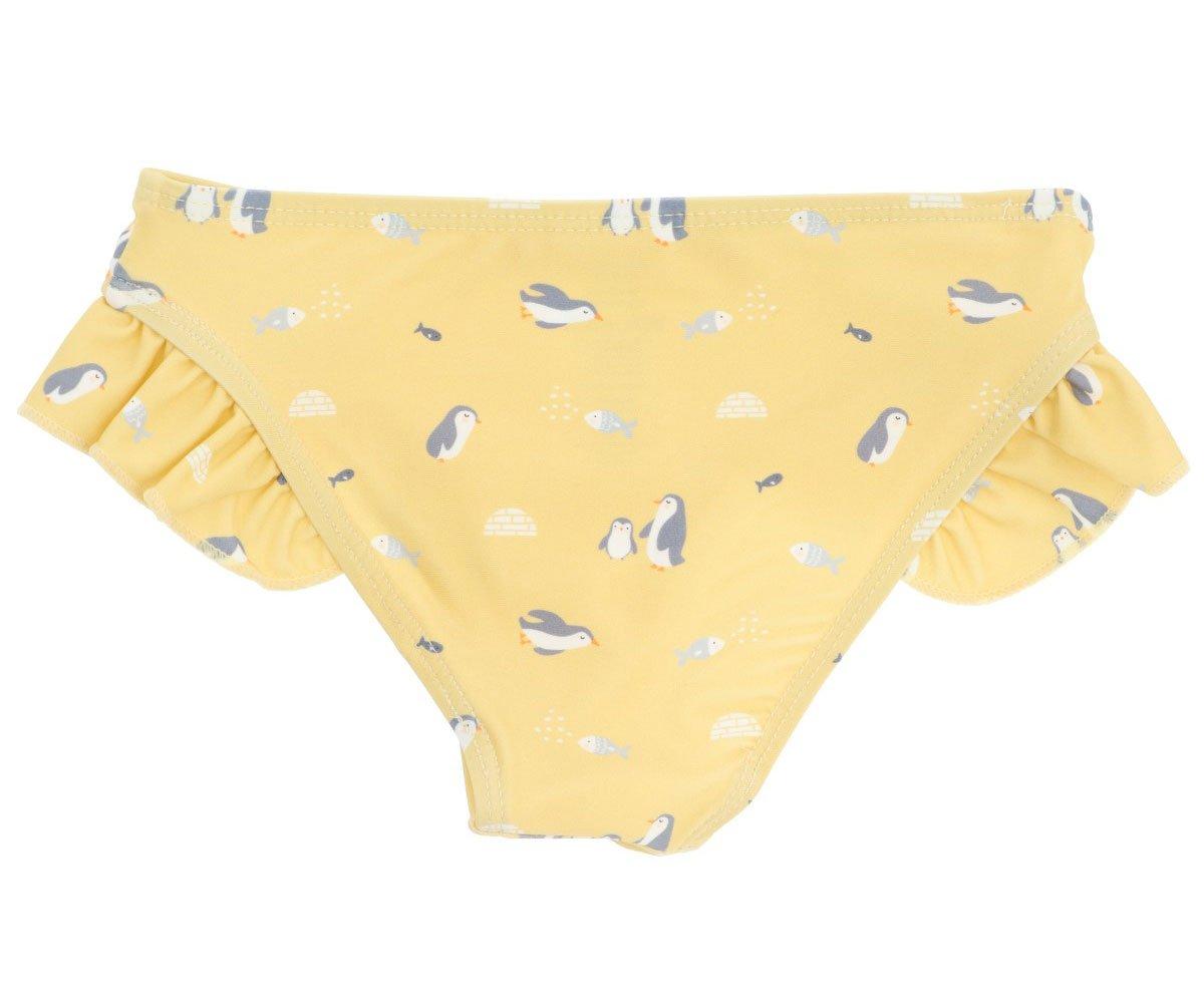 Roupa de banho infantil amarela com padrão de pinguins e folhos