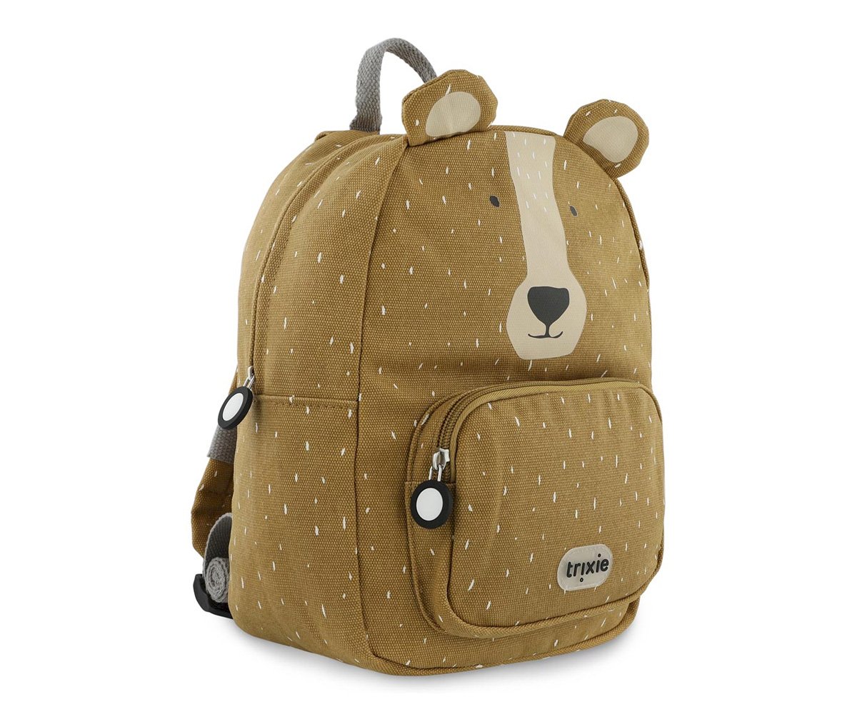 Mochila castanha infantil com desenho de urso e orelhas destacadas