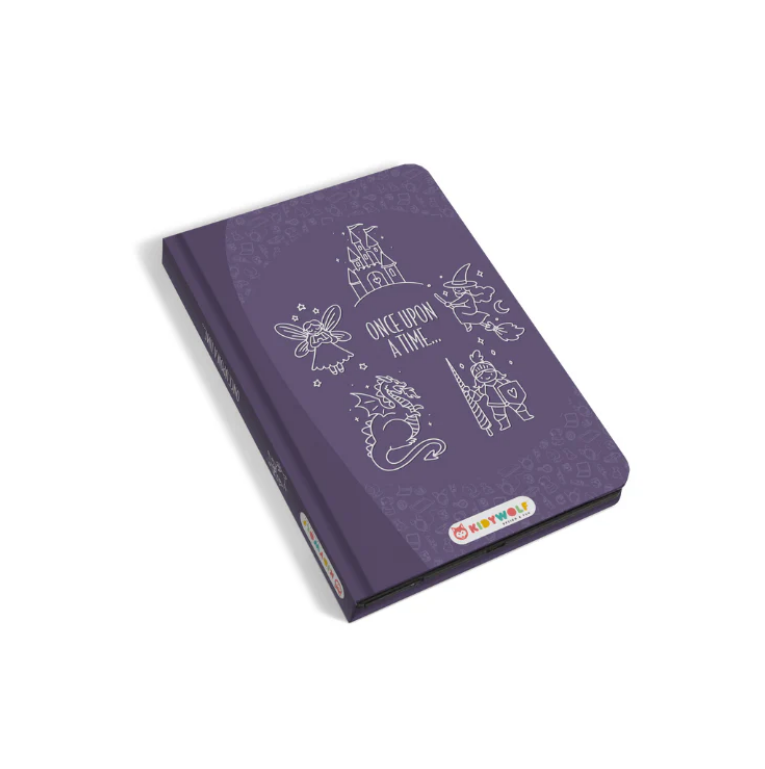 Livro com capa dura roxa e desenhos de fantasia com texto 'ONCE UPON A TIME'