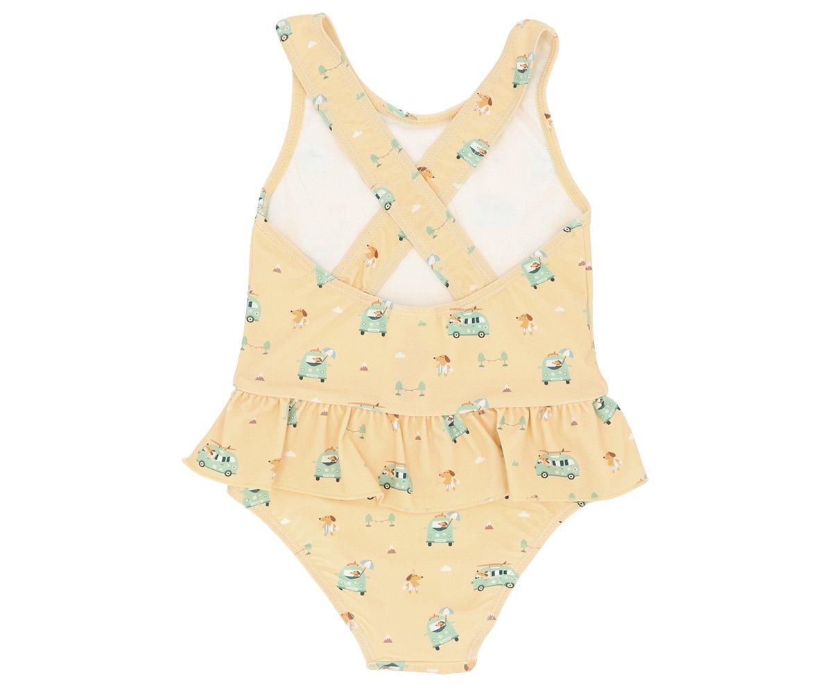 Fato de banho infantil amarelo com estampa de carros e alças cruzadas
