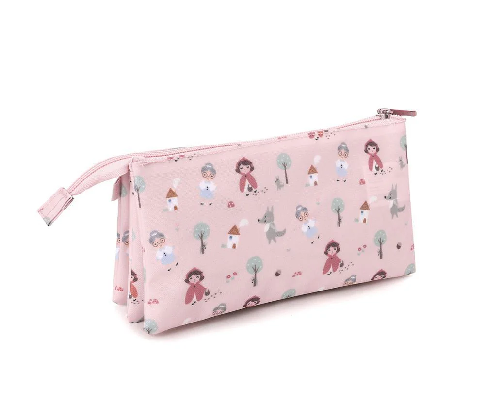 Estojo cor-de-rosa com desenhos de pessoas, árvores, casas e animais