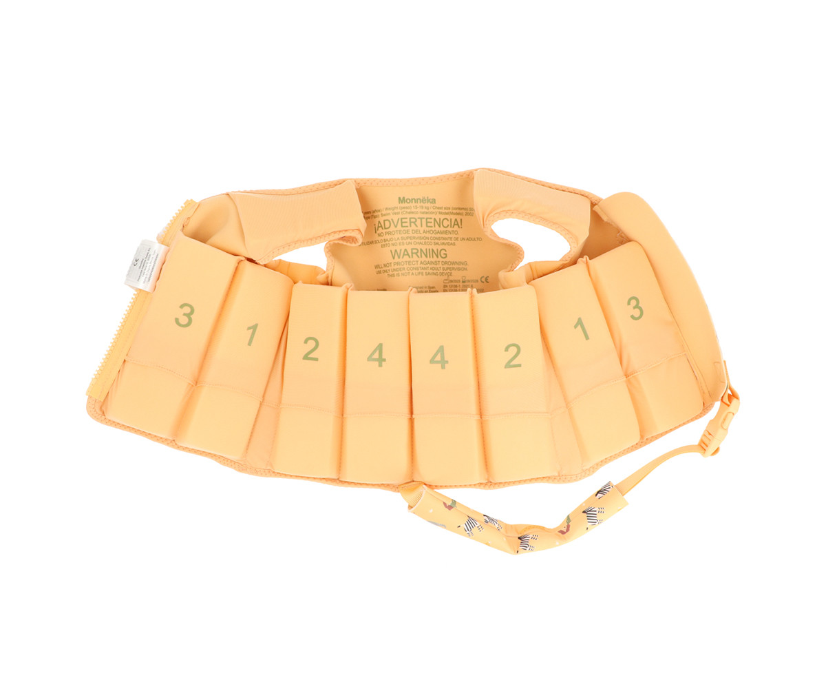 Colete salva-vidas infantil cor de pêssego com números e alça com padrão de zebras