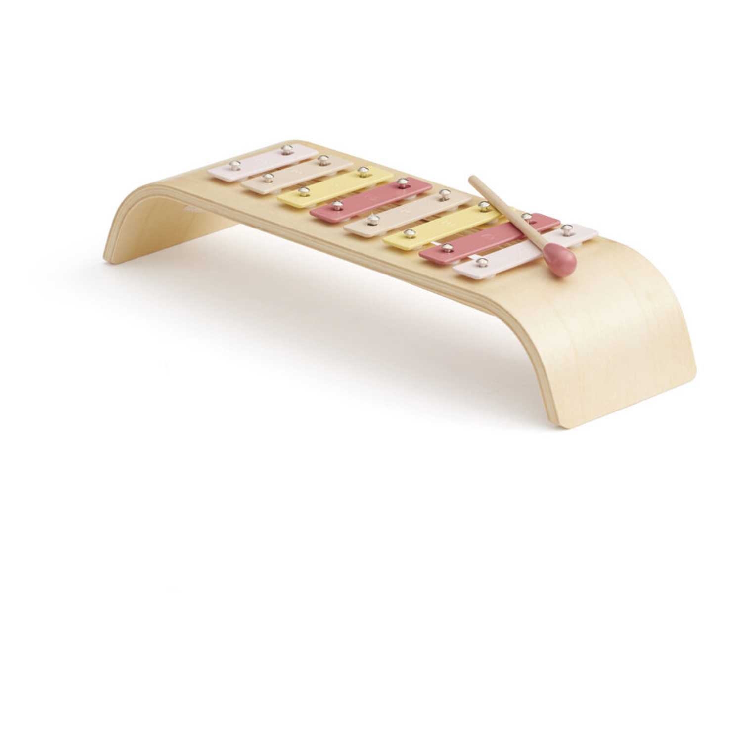 Xilofone infantil colorido com base de madeira arqueada e baqueta