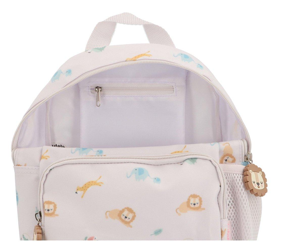 Mochila infantil rosa claro com estampas de animais e compartimentos abertos e fechados
