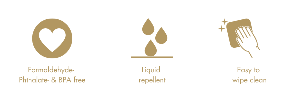 Três ícones dourados com texto sobre características do produto, incluindo 