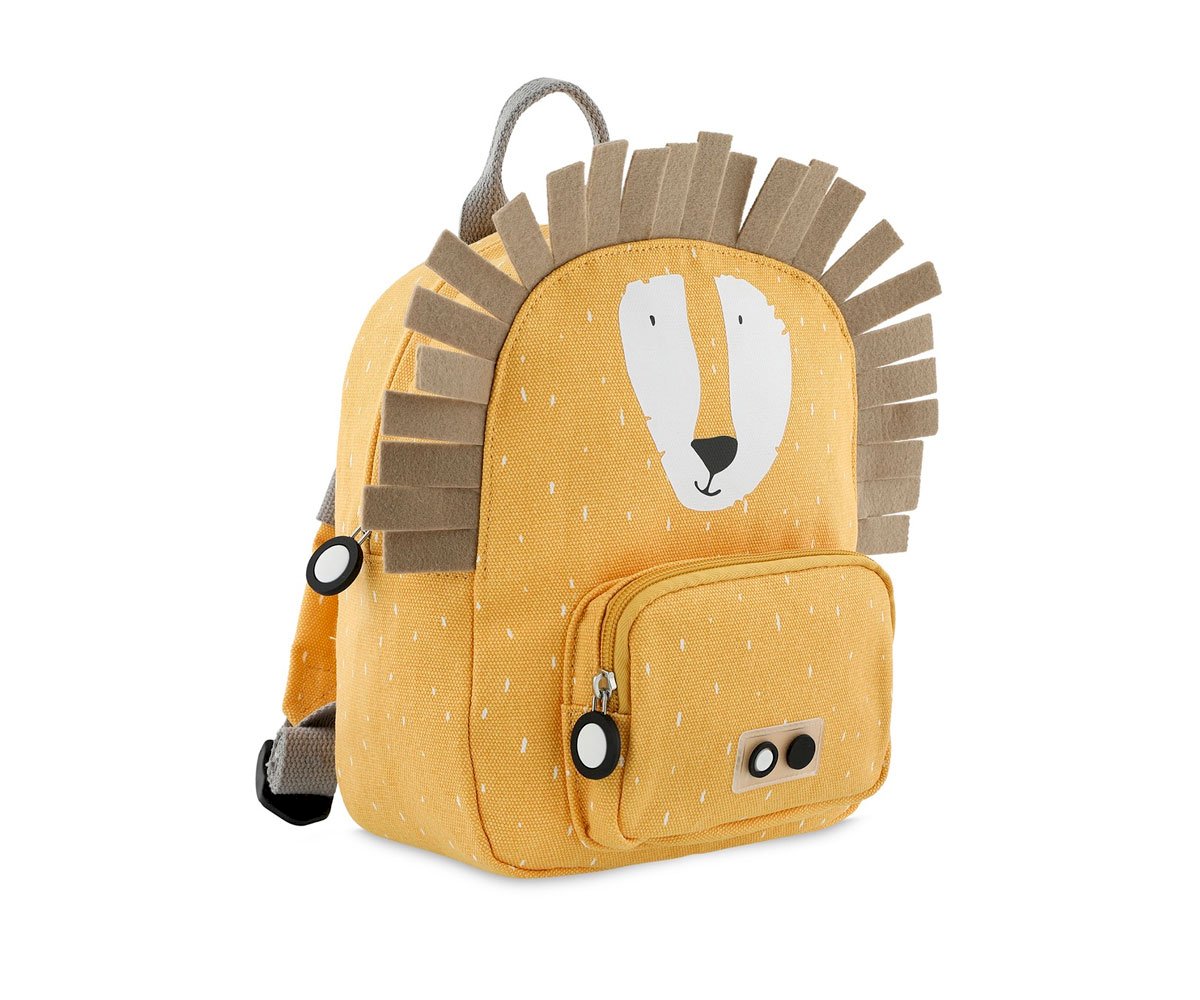 mochila infantil amarela com rosto de leão e crina castanha