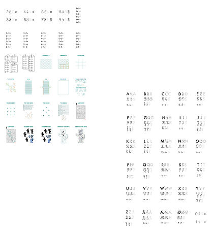 Gráficos e tabelas com números, letras e símbolos em fundo branco