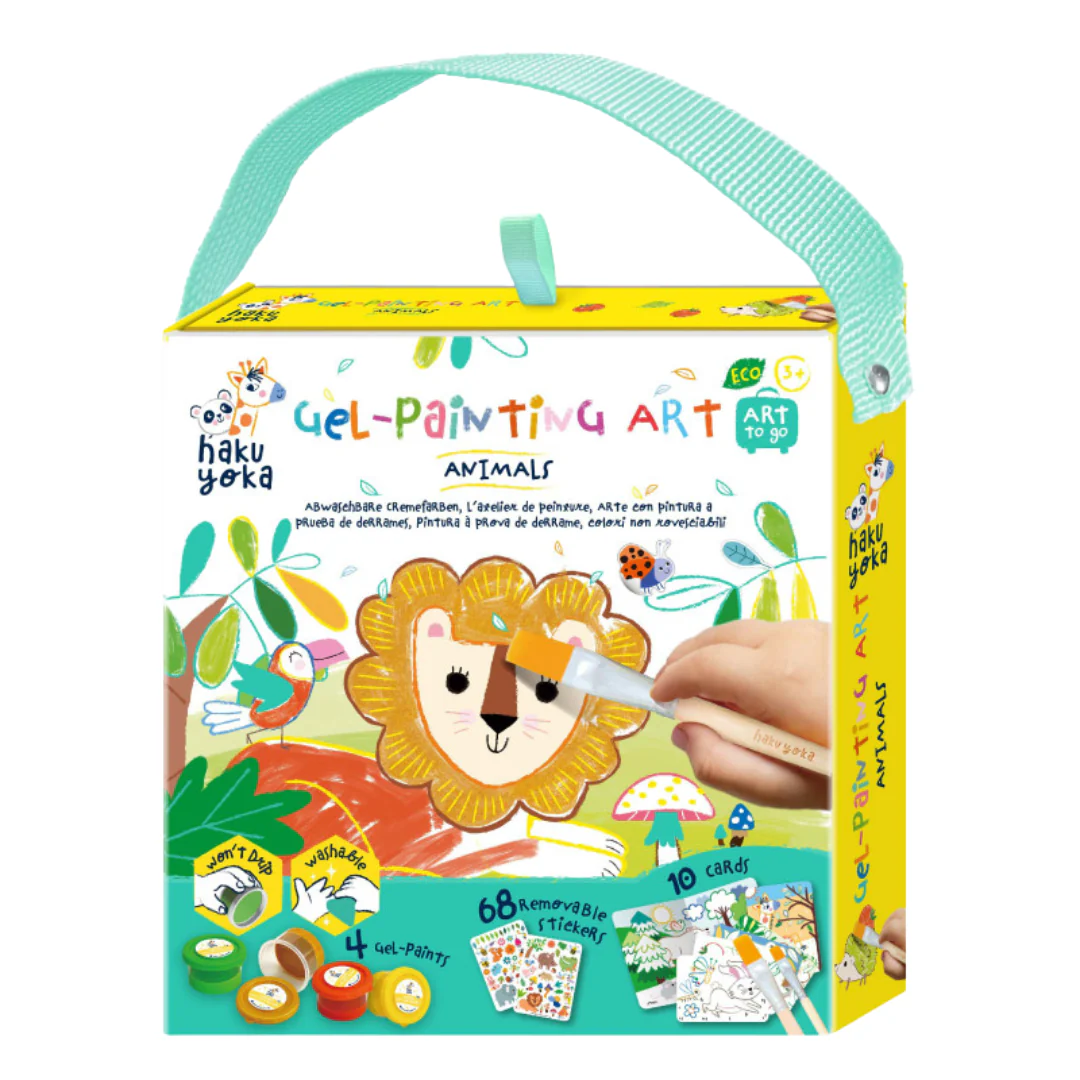 Caixa de kit de pintura gel com tema animais da marca haku yoka com ilustração de leão e pássaro em fundo branco