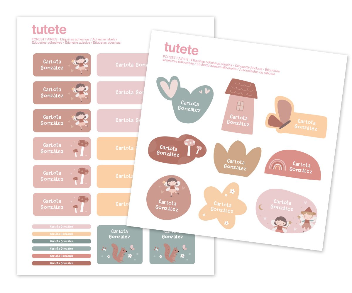 Etiquetas adesivas personalizadas coloridas com desenhos de fadas e natureza.