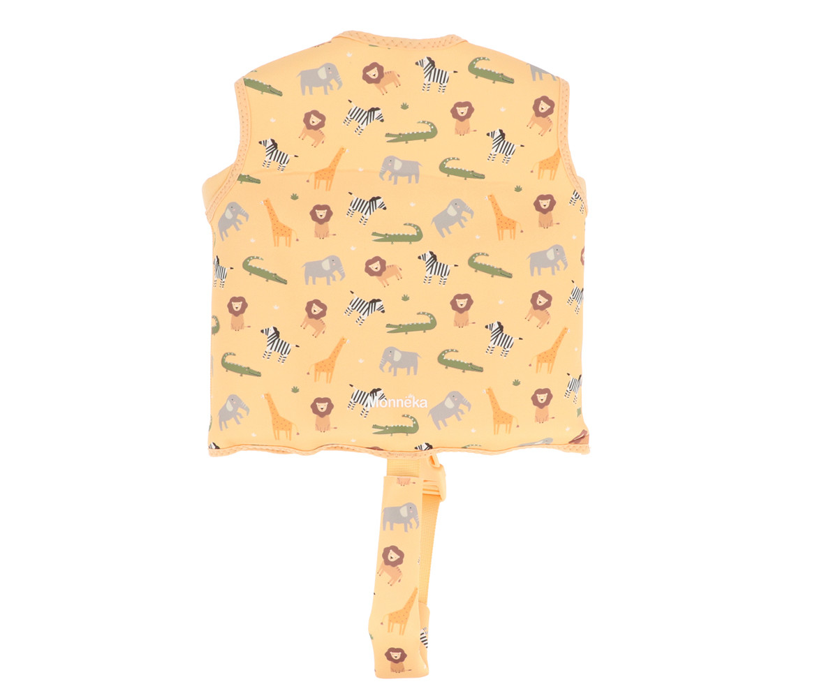 Colete infantil amarelo com padrão de animais e alça ajustável.