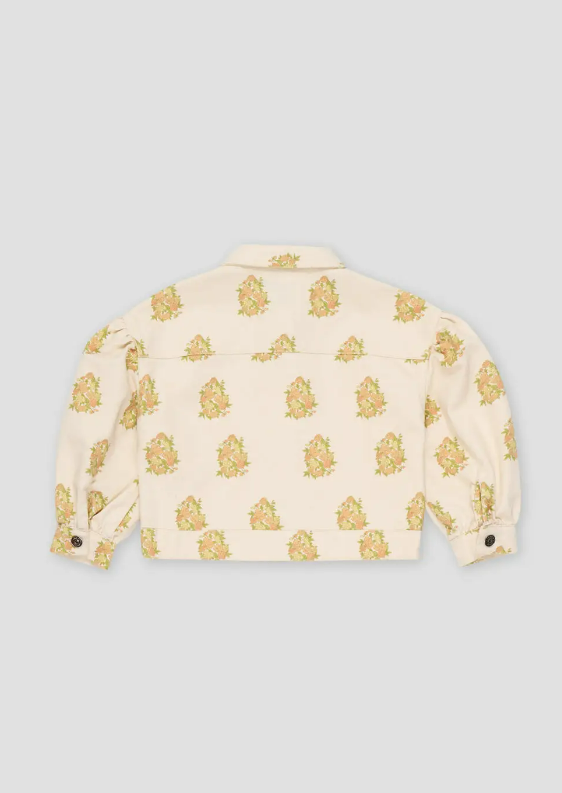 Casaco de criança bege com padrão floral laranja e verde