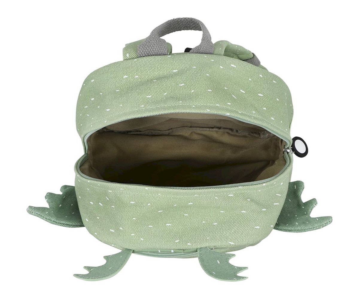 Mochila formato sapo verde com pontos brancos e interior castanho