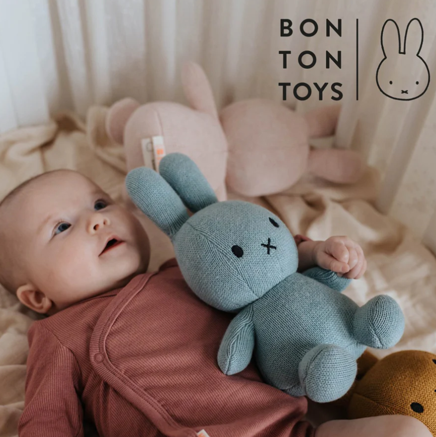 Bebé deitado com brinquedo coelho de tecido azul e outros peluches ao fundo