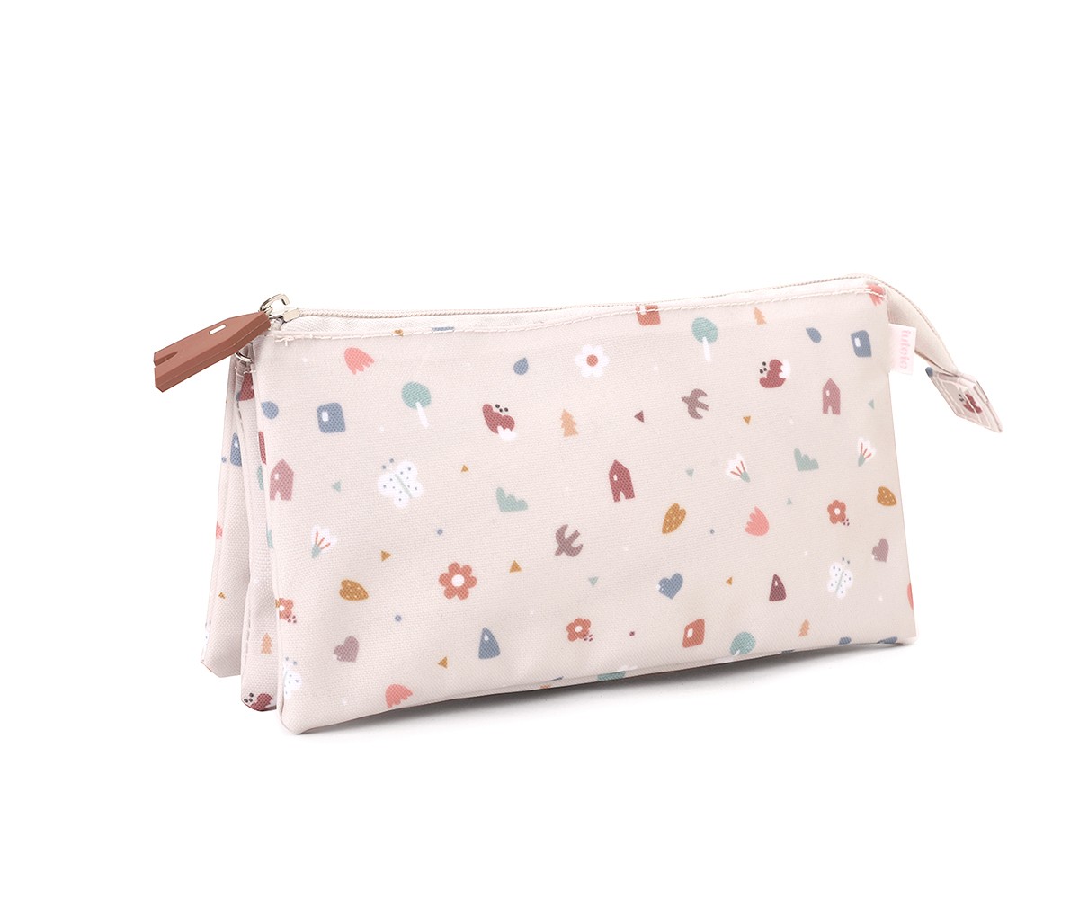 Estojo rosa claro com padrão colorido e fecho de correr