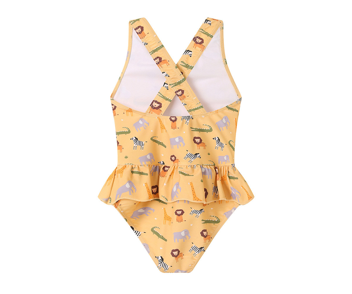 Fato de banho amarelo para bebé com padrão de animais selvagens e folho na cintura
