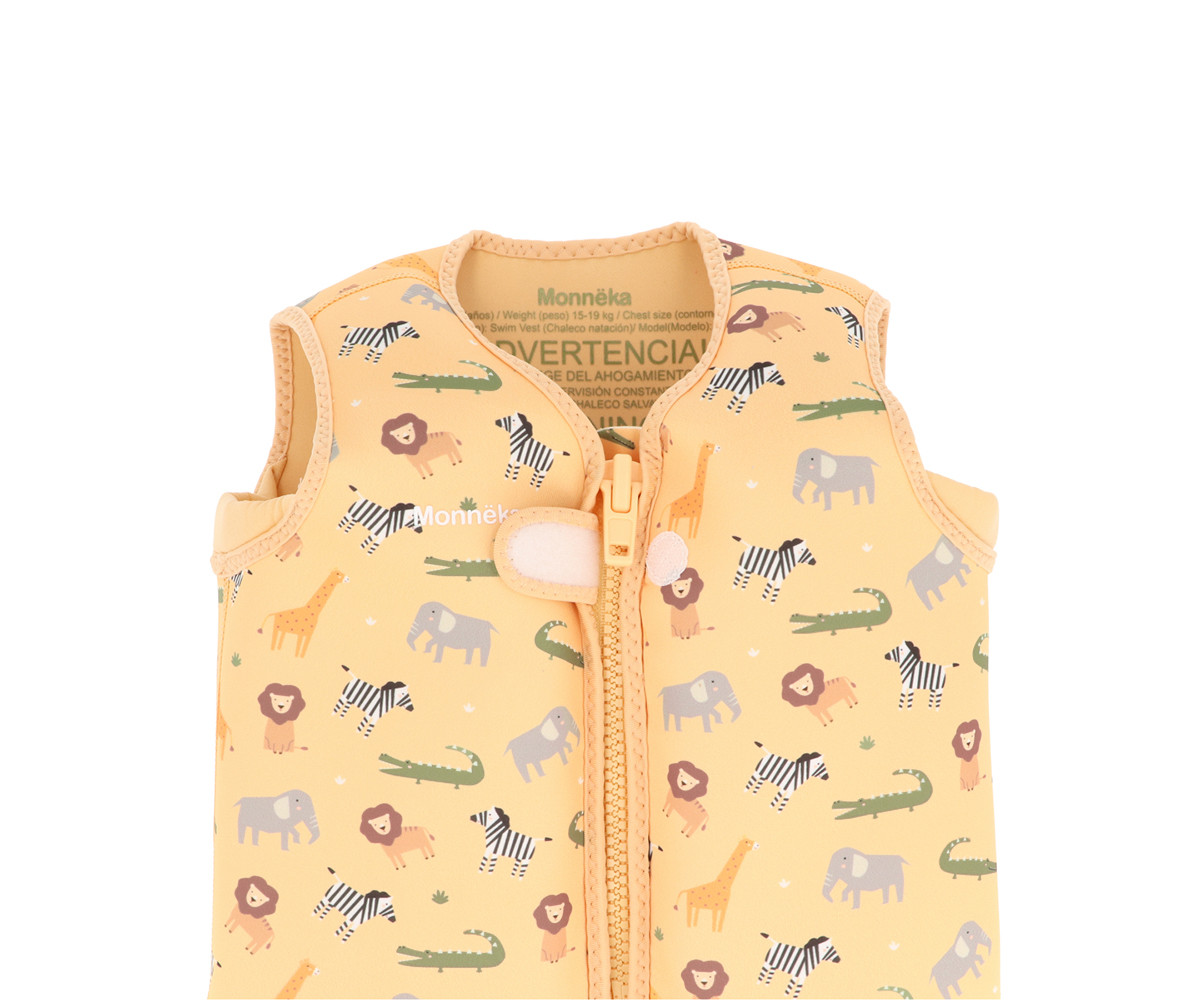 Colete de natação amarelo claro com padrão de animais da savana para crianças
