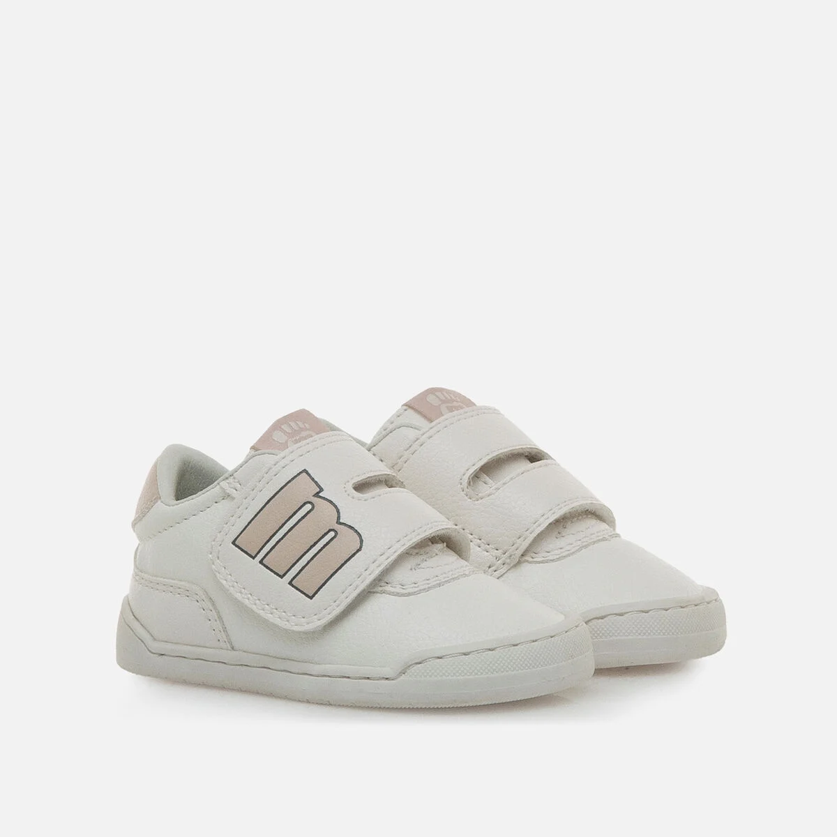 Sapatilhas infantis brancas com fecho em velcro e detalhe bege