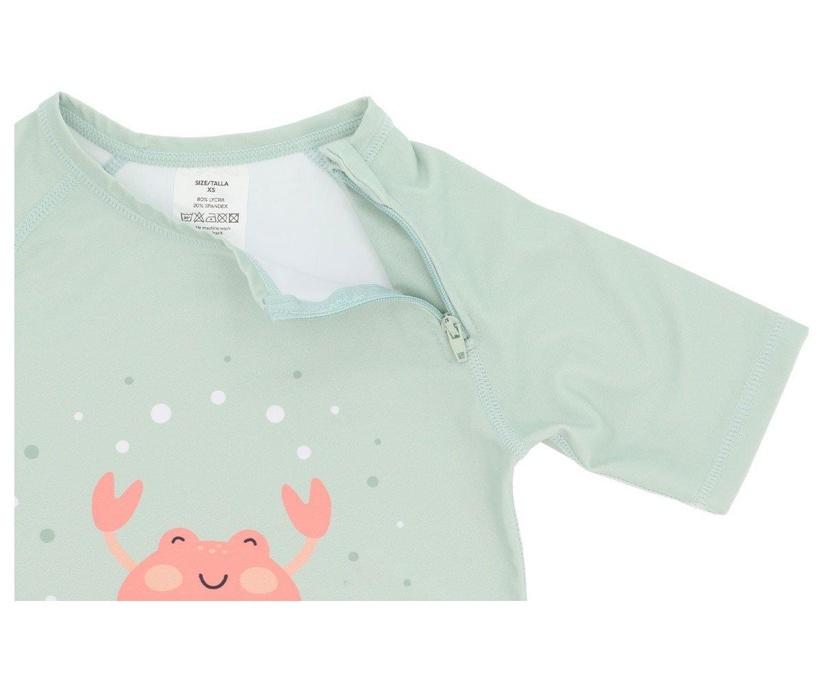 Camisola infantil verde-água com caranguejo cor-de-rosa estampado e fecho de correr na gola