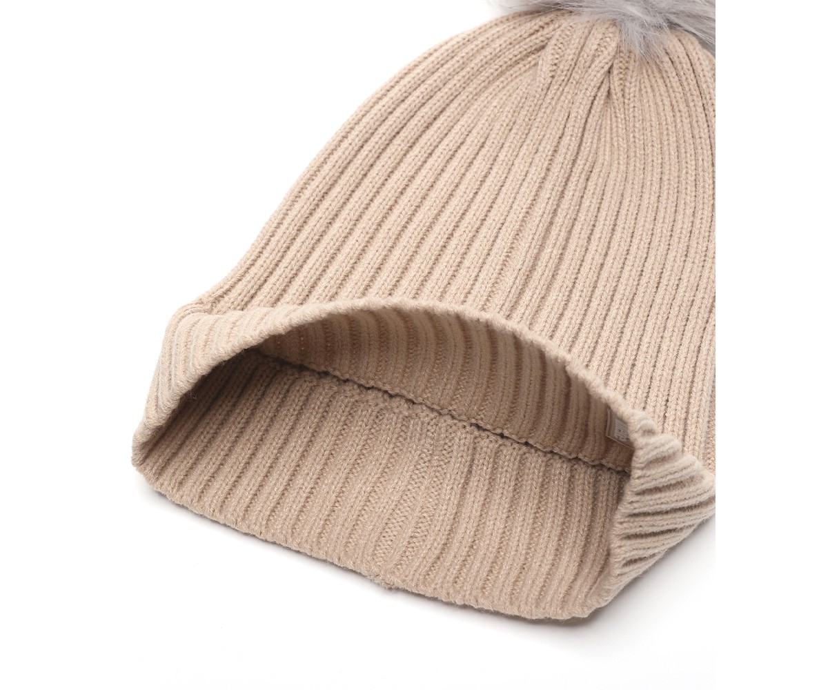 Gorro bege de malha canelada com pompom cinzento