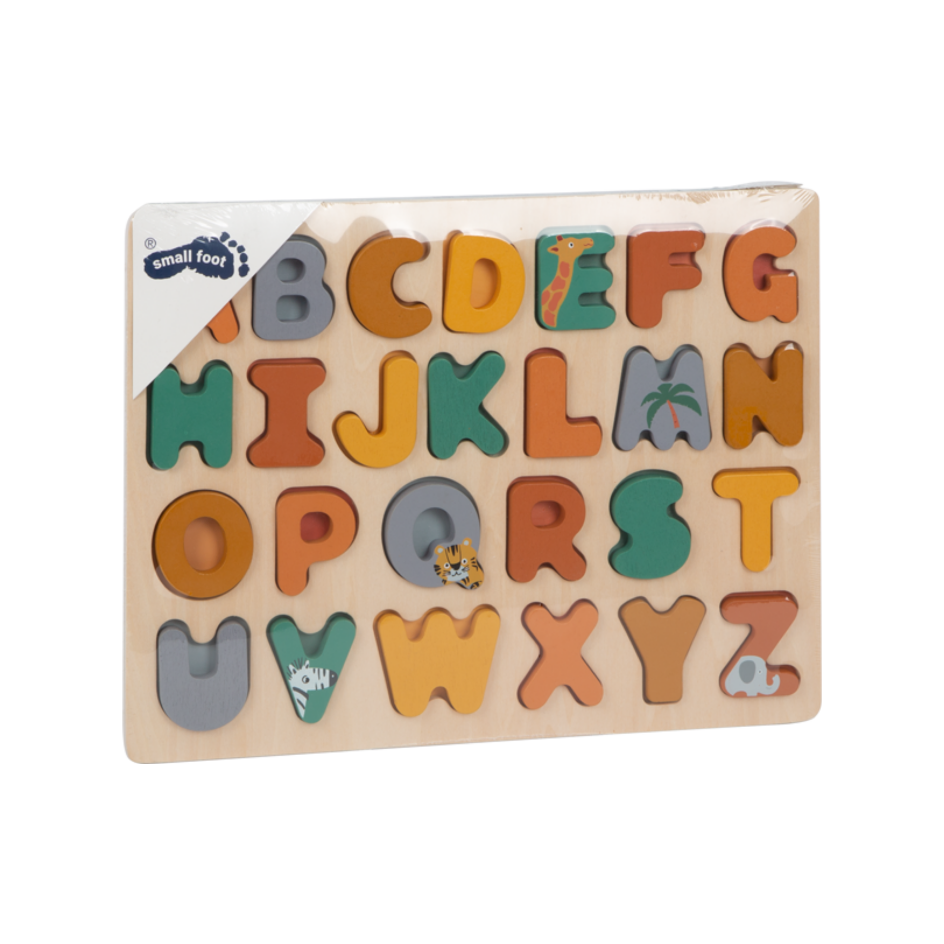 Tabuleiro de madeira com letras do alfabeto coloridas